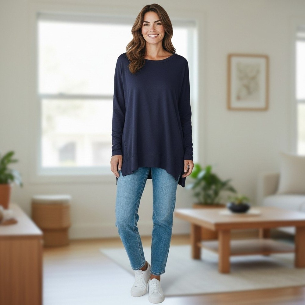 Athleta Shirt Women's Blue Long Sleeve Crew Neck Relaxed Fit Pullover Top Size L